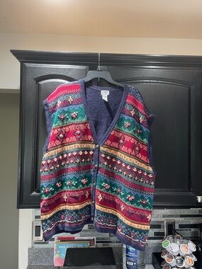 Koret Multicolor Button Front Knit Vest - Navy, Red, Green, Gold